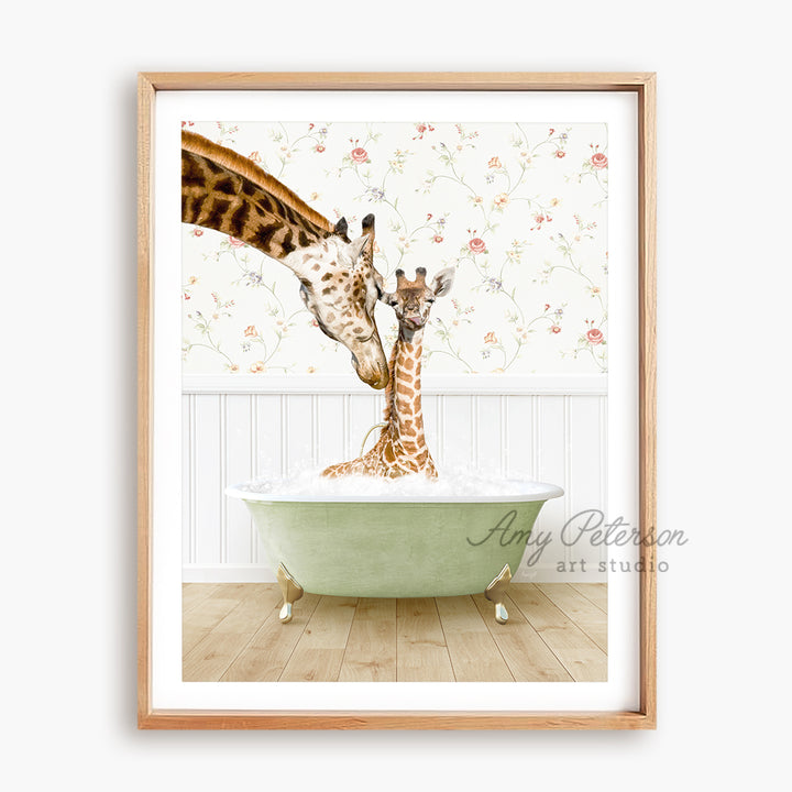 a giraffe and a baby giraffe in a bathtub