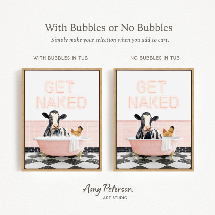 The image is a framed print featuring a cow sitting in a pink bathtub with bubbles, and another cow sitting in a tub without bubbles. The text above the images reads "With Bubbles or No Bubbles Simply make your selection when you add to cart."