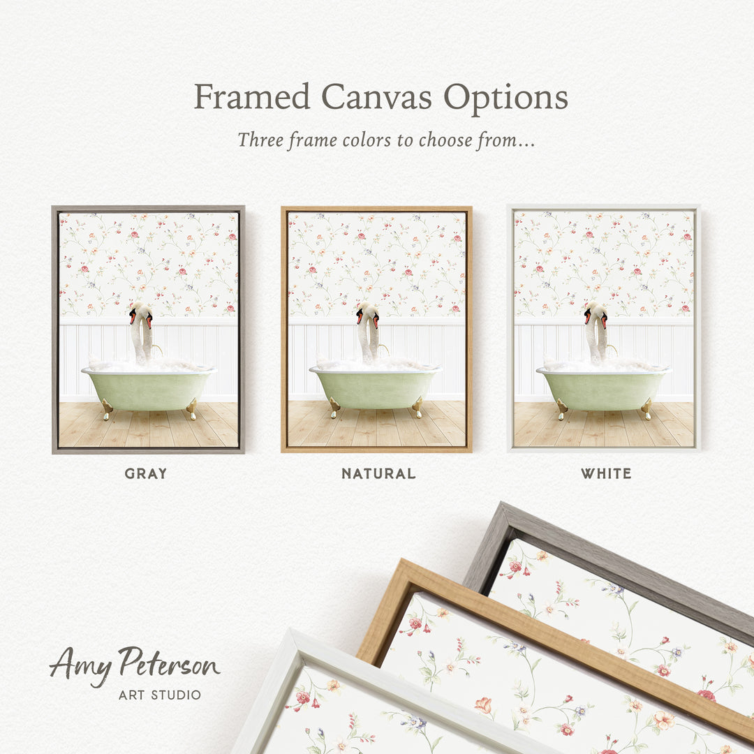 three framed canvas options, each featuring a different color and frame style. The options include a gray frame, a natural frame, and a white frame. The text above the images reads " Framed Canvas Options" and "Three frame colors to choose from...". The bottom of the image includes the text " Amy Peterson ART STUDIO".