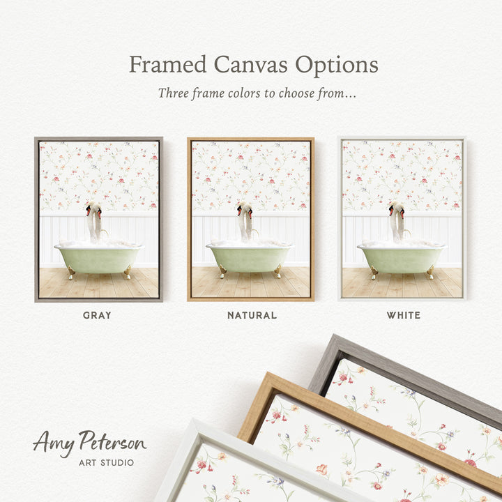 three framed canvas options, each featuring a different color and frame style. The options include a gray frame, a natural frame, and a white frame. The text above the images reads " Framed Canvas Options" and "Three frame colors to choose from...". The bottom of the image includes the text " Amy Peterson ART STUDIO".