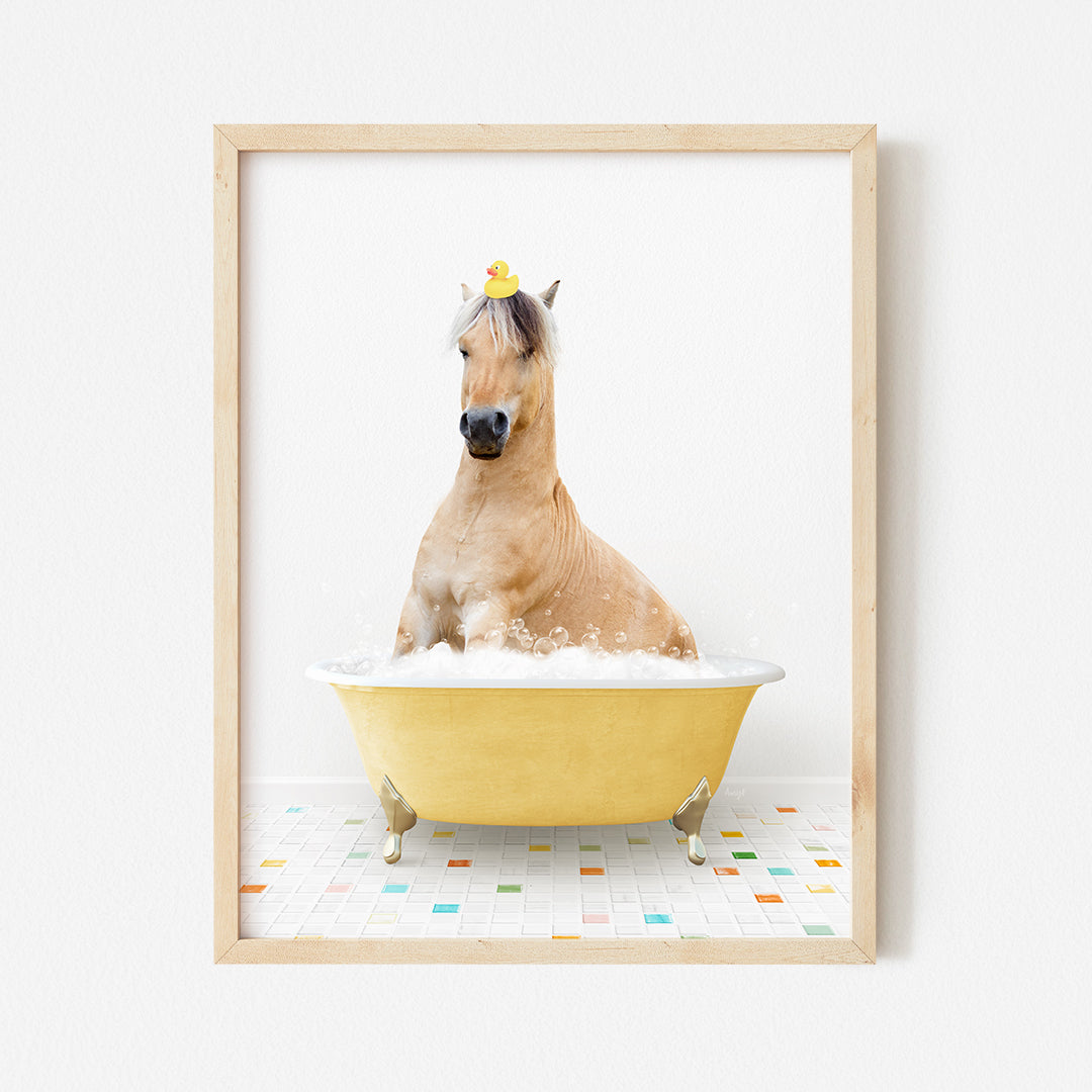 a horse sitting in a bathtub with foam in it