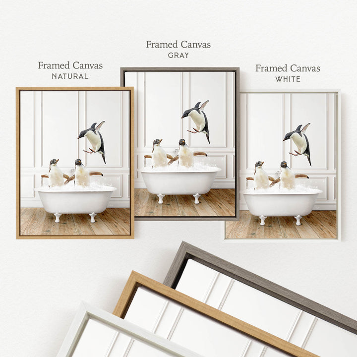 three framed pictures of penguins in a bathtub, each with a different frame color: natural, gray, and white.