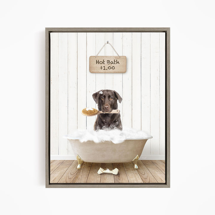 A brown dog is sitting in a bathtub filled with bubbles, holding a brush in its mouth, with a sign above the bathtub that reads "Hot Bath $1.00".