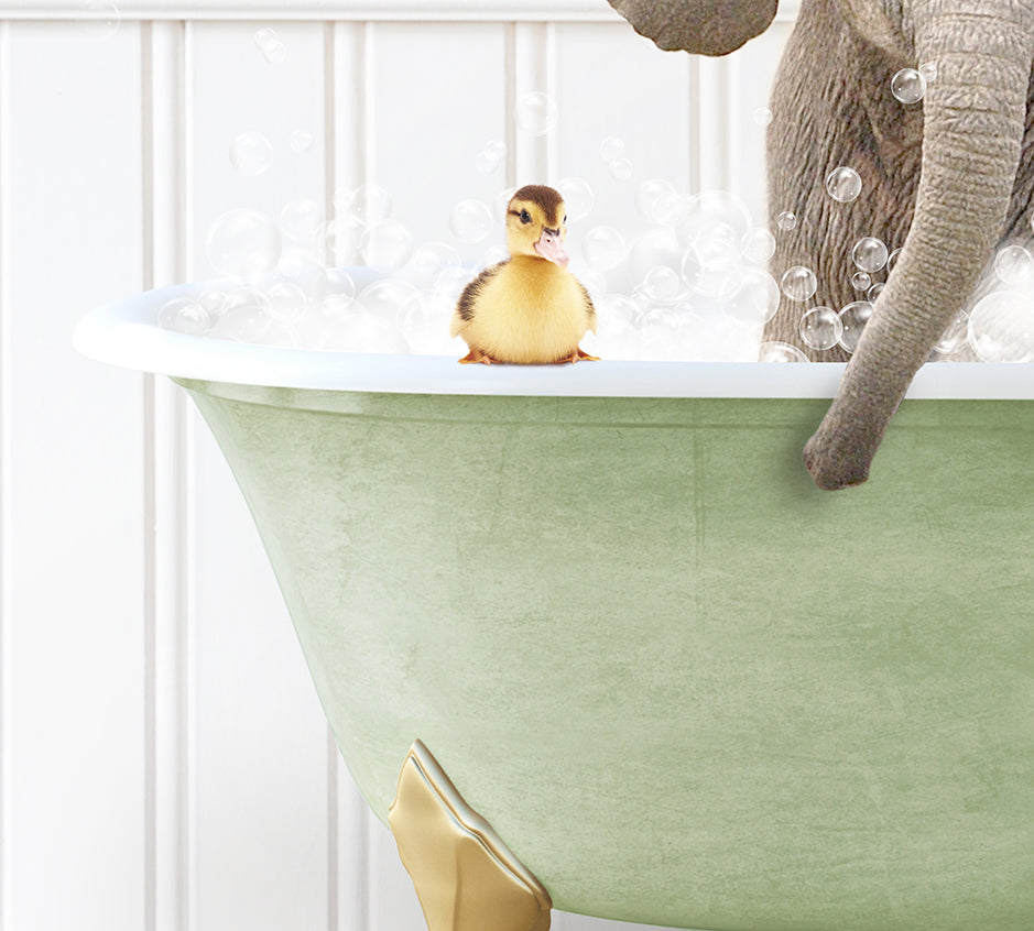 an elephant and a duck in a bathtub