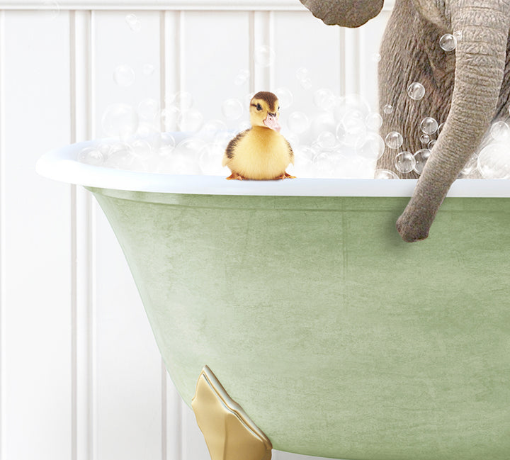 an elephant and a duck in a bathtub