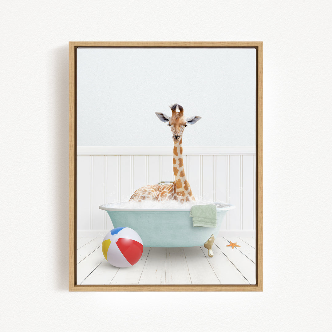 A giraffe is sitting in a bathtub filled with water, surrounded by a beach ball and a towel.