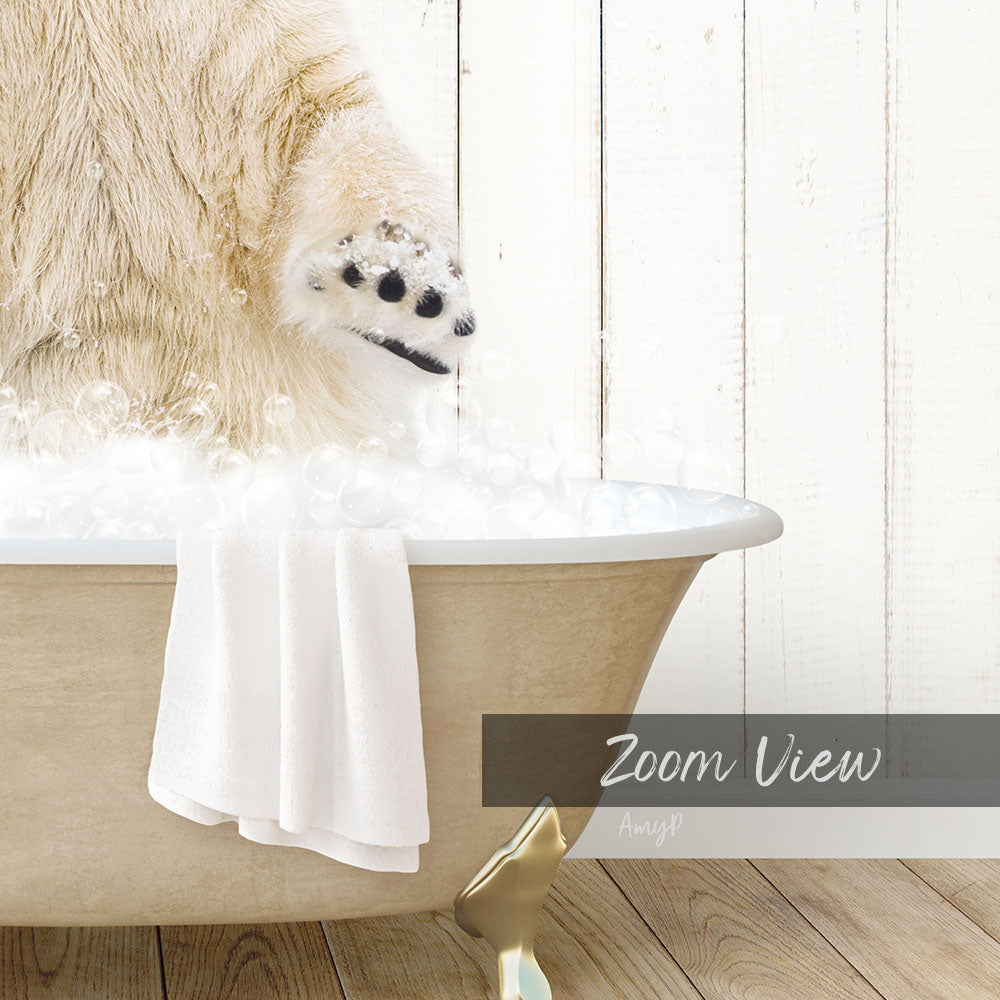A polar bear is standing in a bathtub filled with bubbles, with a towel hanging on the side and a "Zoom View" label below the image.