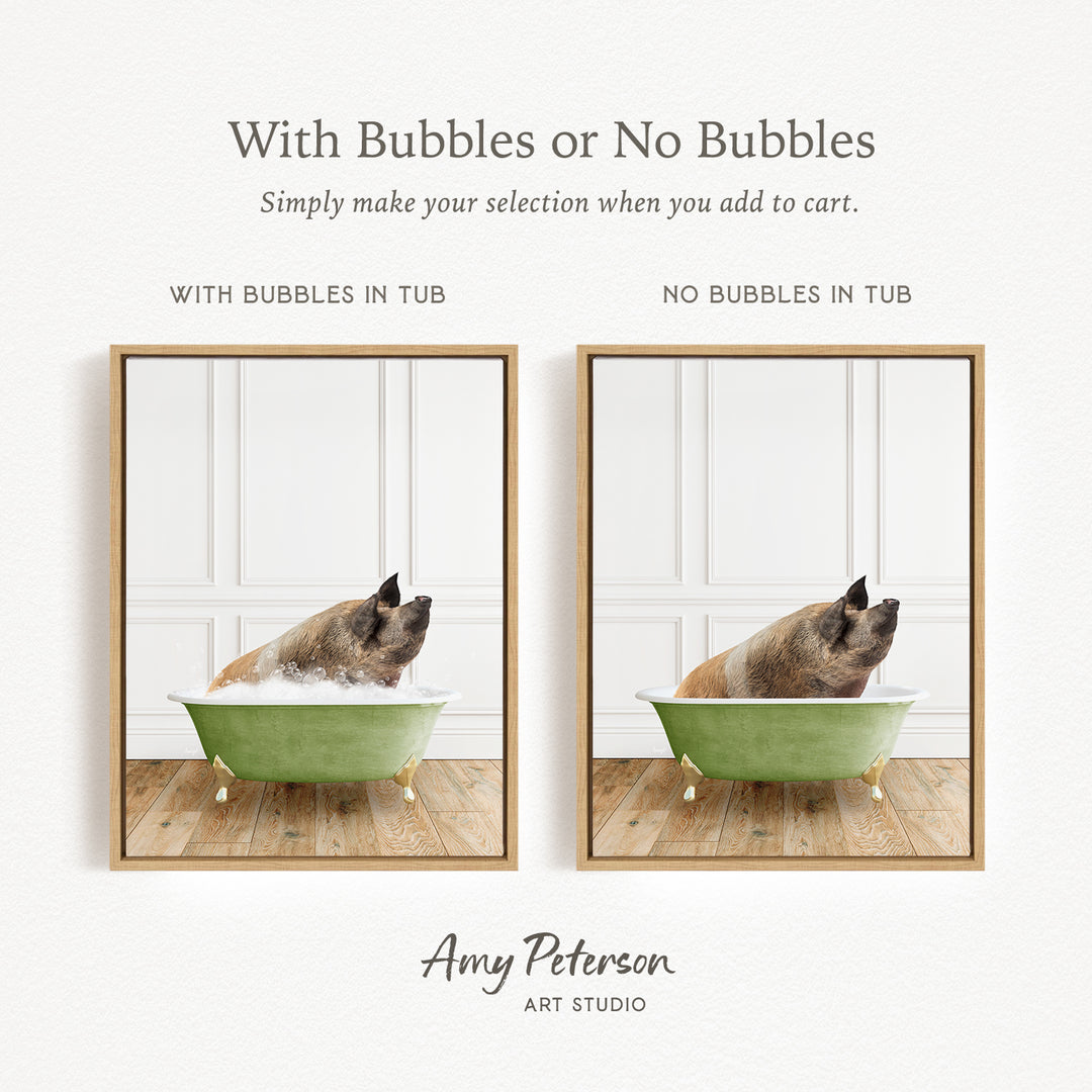 The image is a collage of two pictures, each featuring a dog sitting in a bathtub. The dog appears to be enjoying a bath, with bubbles surrounding it. The collage includes a frame with the text "With Bubbles or No Bubbles" and "With Bubbles in Tub" and "NO Bubbles in Tub" to indicate the bathtub's contents. The artist's name, Amy Peterson, is also mentioned in the image.