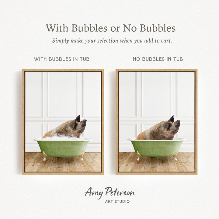 The image is a collage of two pictures, each featuring a dog sitting in a bathtub. The dog appears to be enjoying a bath, with bubbles surrounding it. The collage includes a frame with the text "With Bubbles or No Bubbles" and "With Bubbles in Tub" and "NO Bubbles in Tub" to indicate the bathtub's contents. The artist's name, Amy Peterson, is also mentioned in the image.