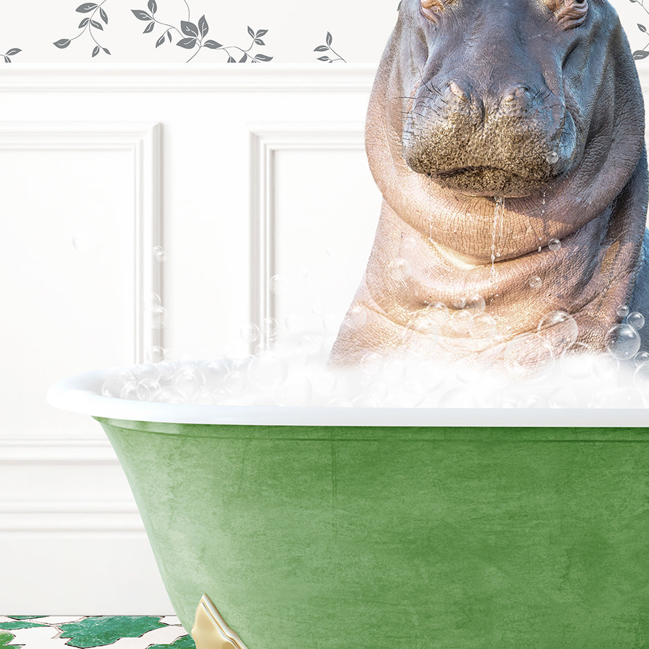 a hippopotamus in a green bathtub with bubbles