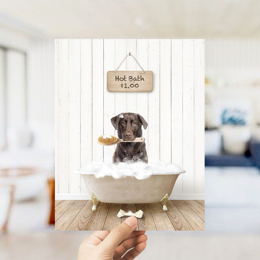 A brown dog is sitting in a bathtub filled with bubbles, holding a brush in its mouth, with a sign above that says "Hot Bath $1.00".