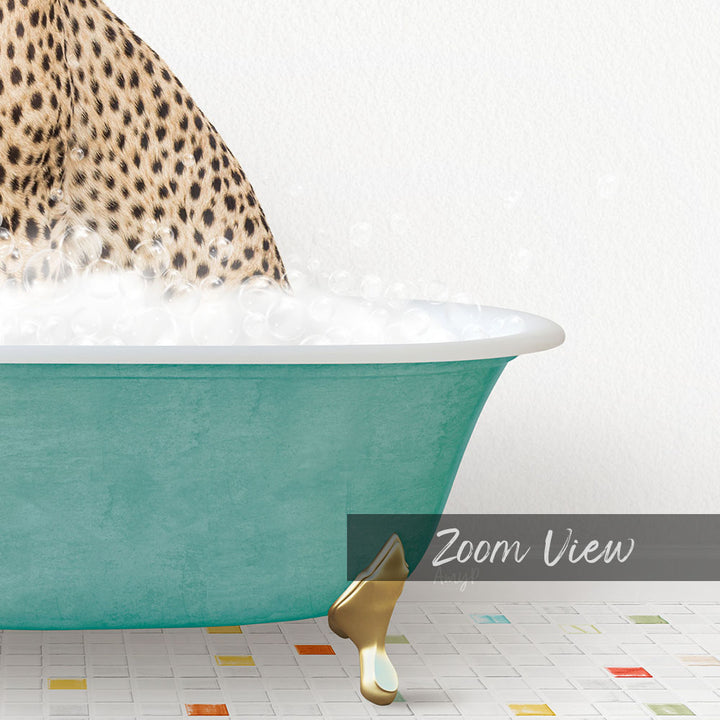 A leopard-print bathtub filled with water and bubbles, with a gold bathtub leg visible on the floor.