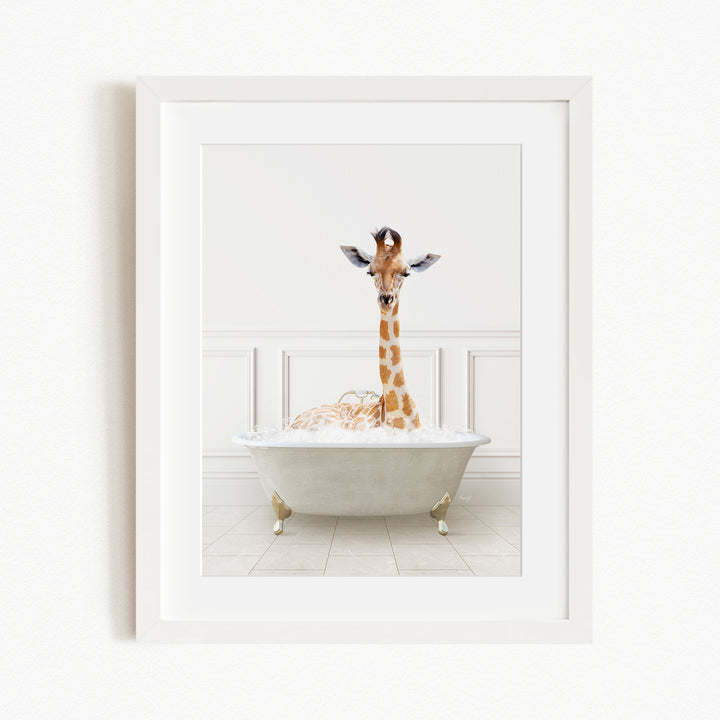 A giraffe is sitting in a white bathtub filled with water, creating a whimsical and playful scene.