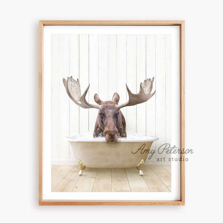 a framed photograph of a moose in a bathtub