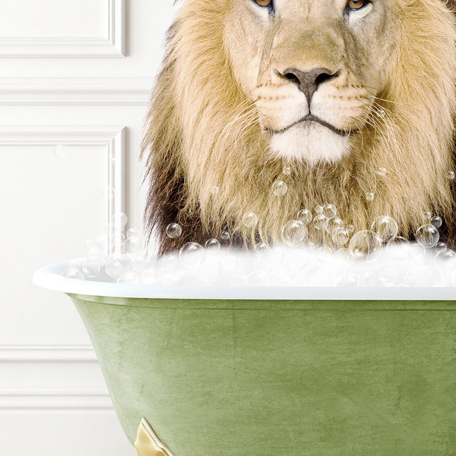 a lion sitting in a bath tub with bubbles