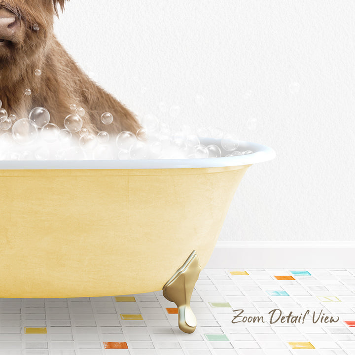 A dog is sitting in a yellow bathtub filled with bubbles, enjoying a relaxing bath.