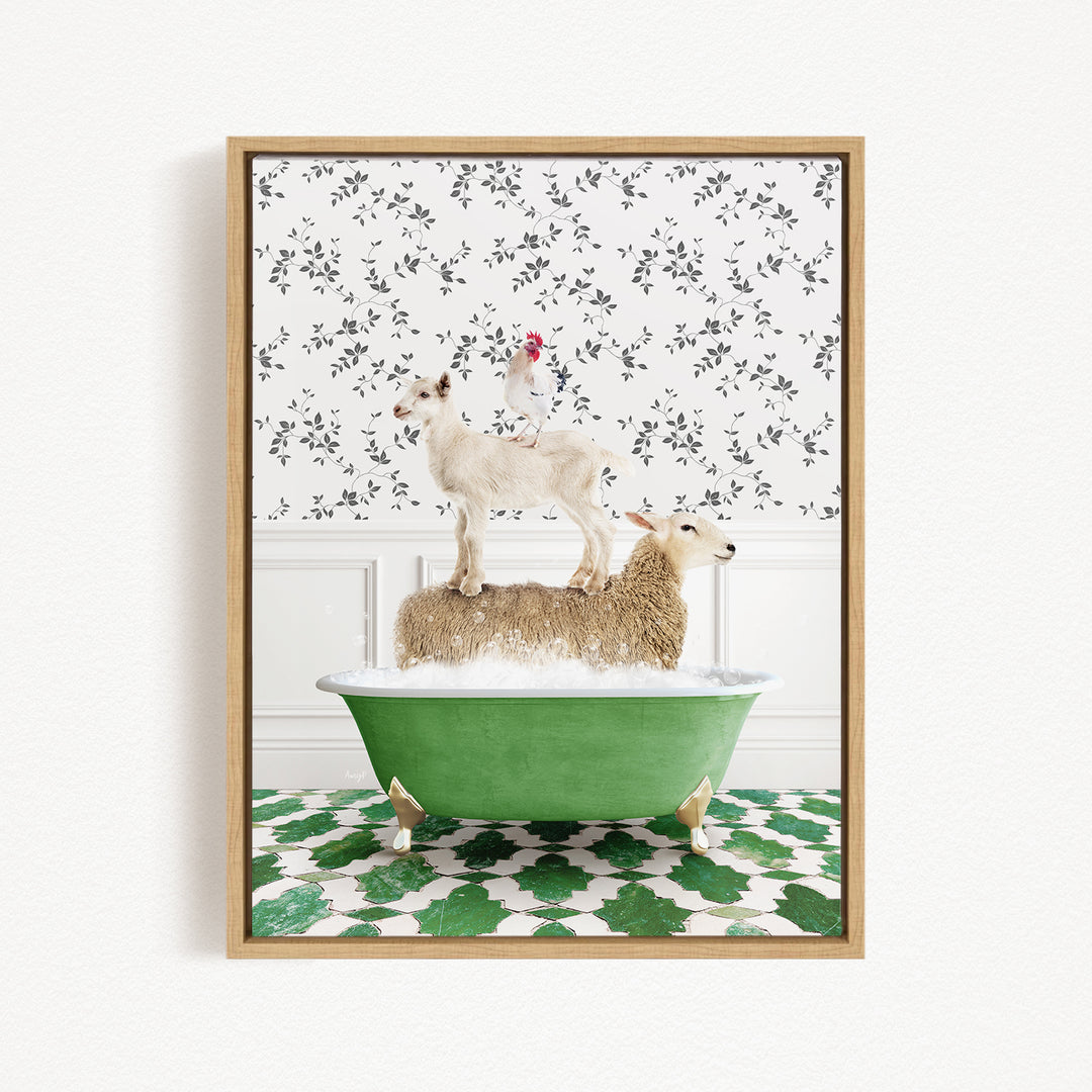 A framed image depicting a white goat standing on a sheep in a green bathtub, with a chicken perched on top of the sheep.