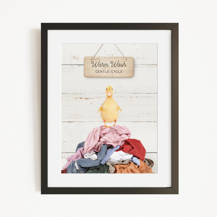 A framed image of a yellow duck standing on a pile of clothes, with a sign above that reads "Warm Wash Gentle Cycle".