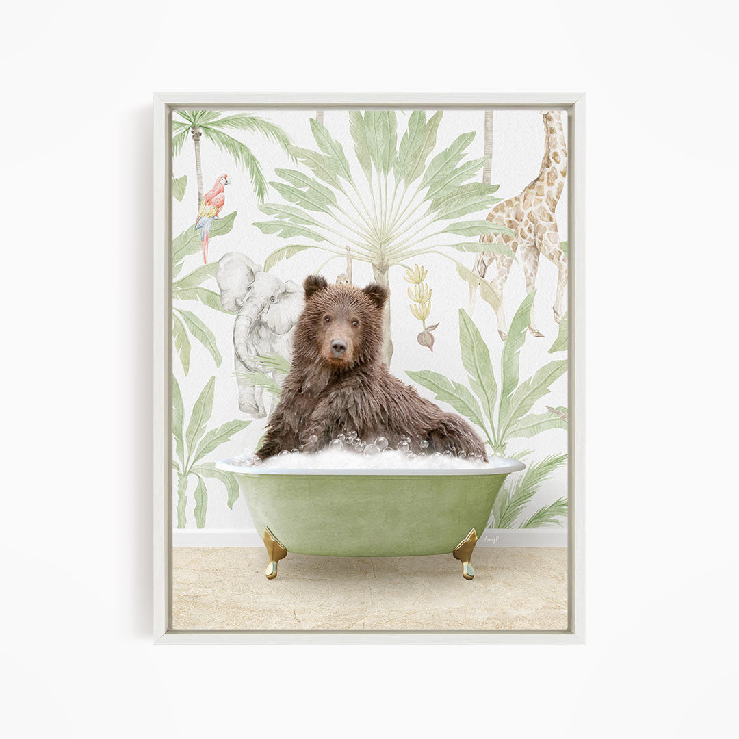 A brown bear sitting in a green bathtub, surrounded by tropical foliage and a giraffe in the background.