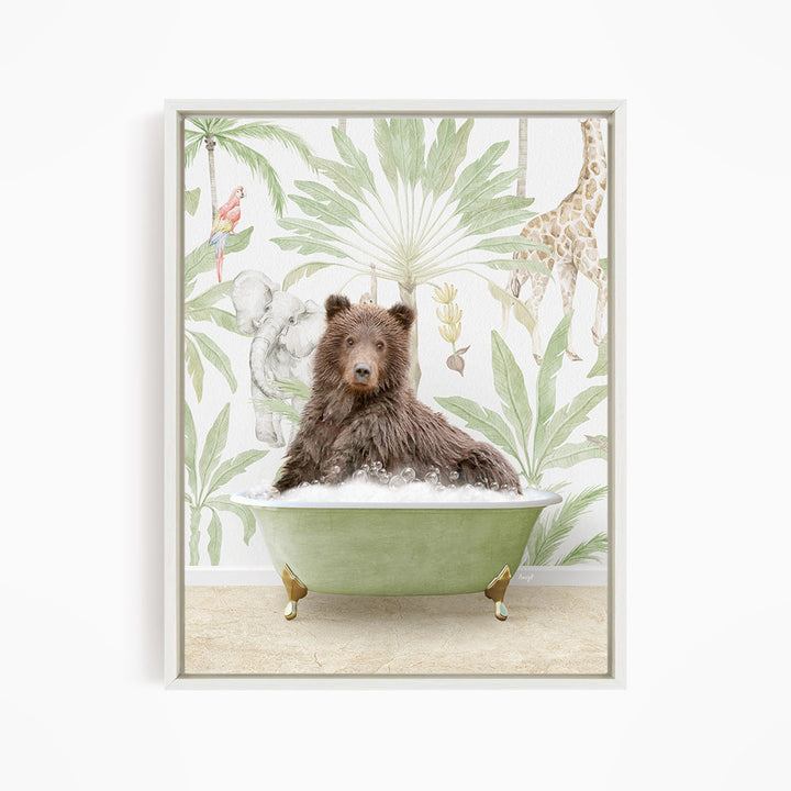 A brown bear sitting in a green bathtub, surrounded by tropical foliage and a giraffe in the background.