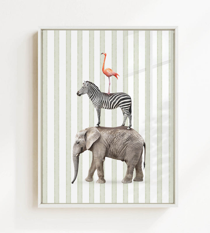 A framed collage of three animals: a zebra, an elephant, and a flamingo, standing on top of each other against a striped background.