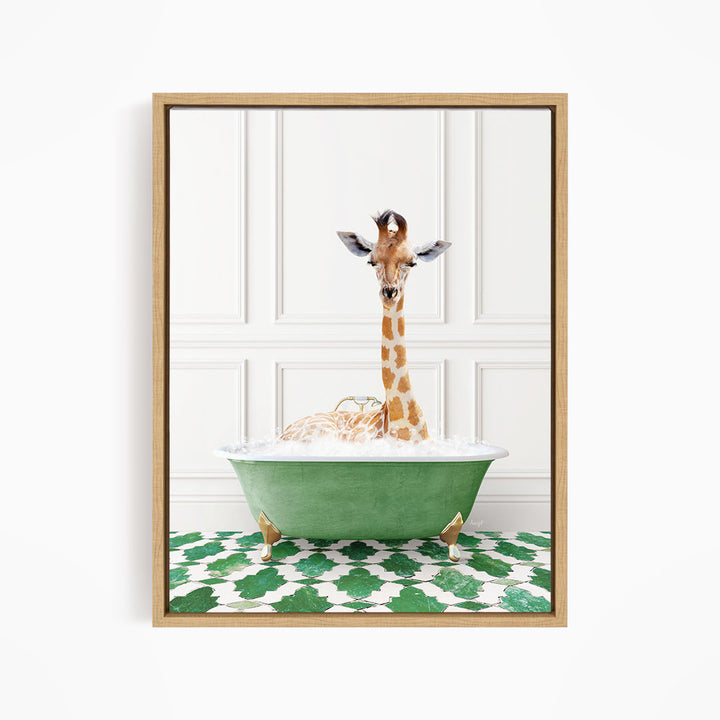 A giraffe sitting in a green bathtub filled with bubbles, with a white wall and green and white patterned floor in the background.