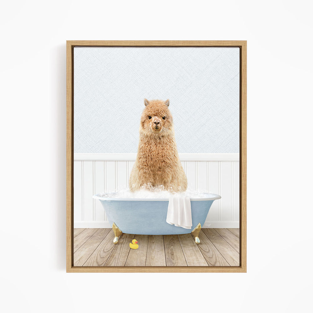 A fluffy brown dog sitting in a blue bathtub filled with bubbles, surrounded by yellow rubber duckies.
