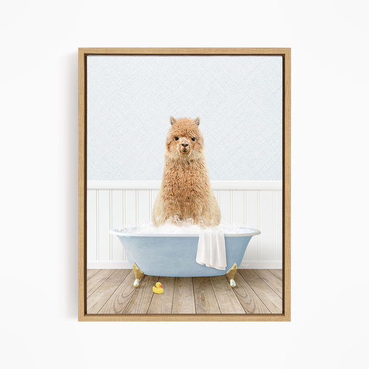 A fluffy brown dog sitting in a blue bathtub filled with bubbles, surrounded by yellow rubber duckies.