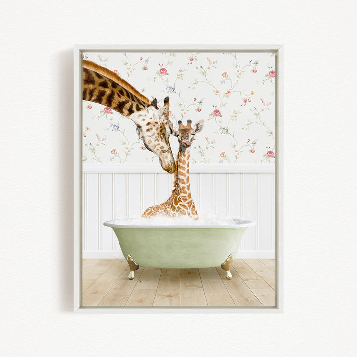 A mother giraffe and her baby giraffe are enjoying a relaxing bath in a green bathtub, surrounded by a floral wallpaper.