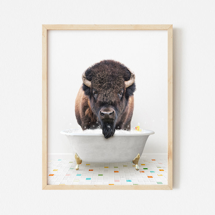 a picture of a bison taking a bath