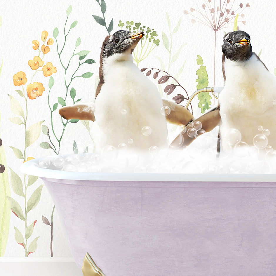 two birds are sitting in a bathtub with bubbles