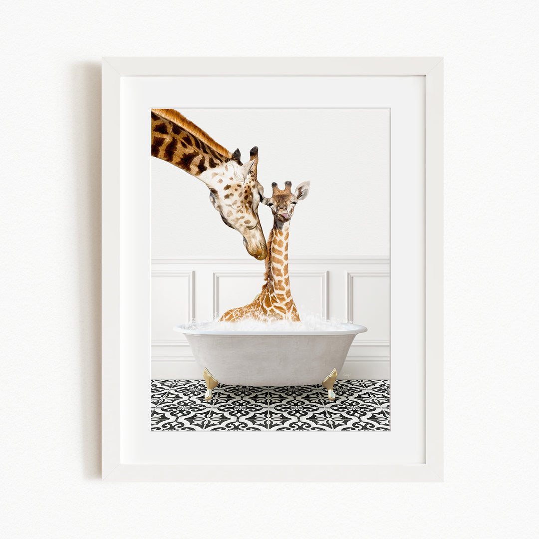 A mother giraffe and her baby giraffe are sitting together in a white bathtub filled with water, creating a heartwarming scene.