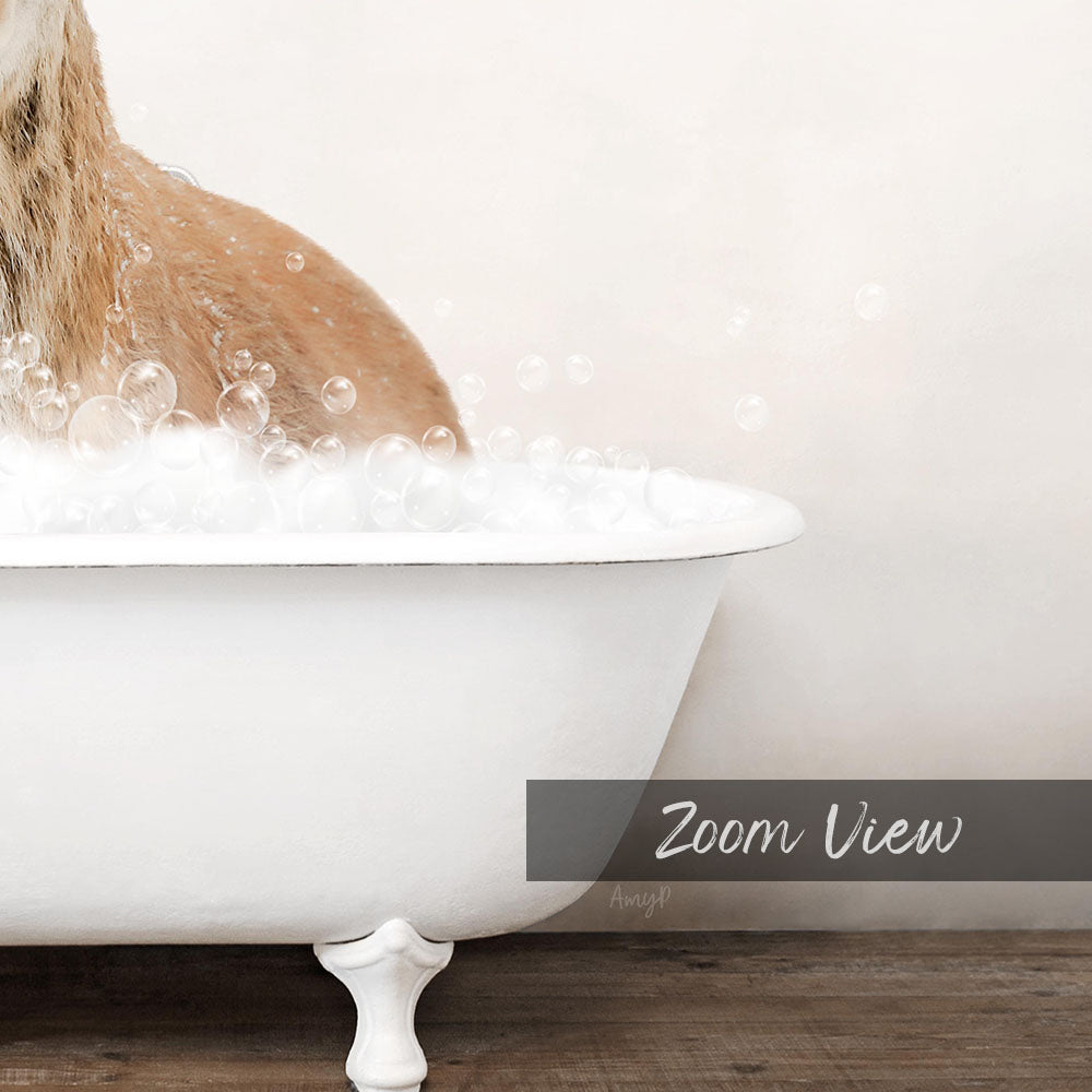 A dog is sitting in a white bathtub filled with bubbles, enjoying a relaxing bath.