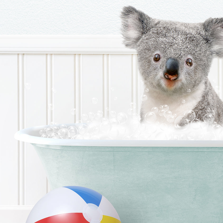 a koala in a bathtub with bubbles and a beach ball