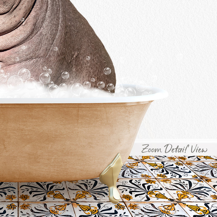 A bathtub filled with bubbles, with a patterned tile floor in the foreground.