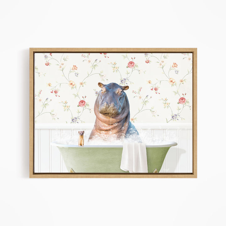 A hippopotamus sitting in a bathtub filled with water, surrounded by a floral patterned wall.