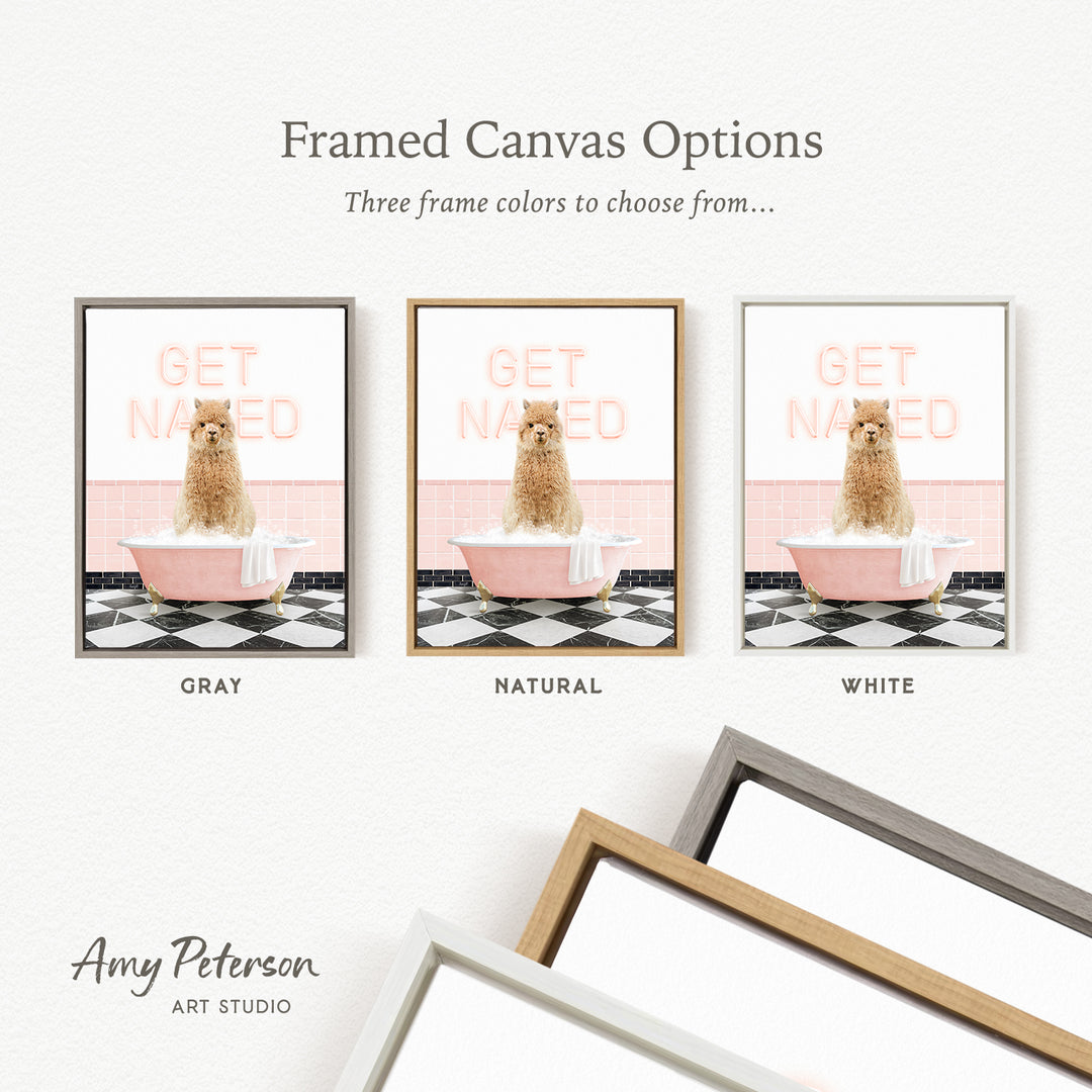 The image is a framed canvas option featuring three different colored frames with a picture of a cat sitting in a bathtub.