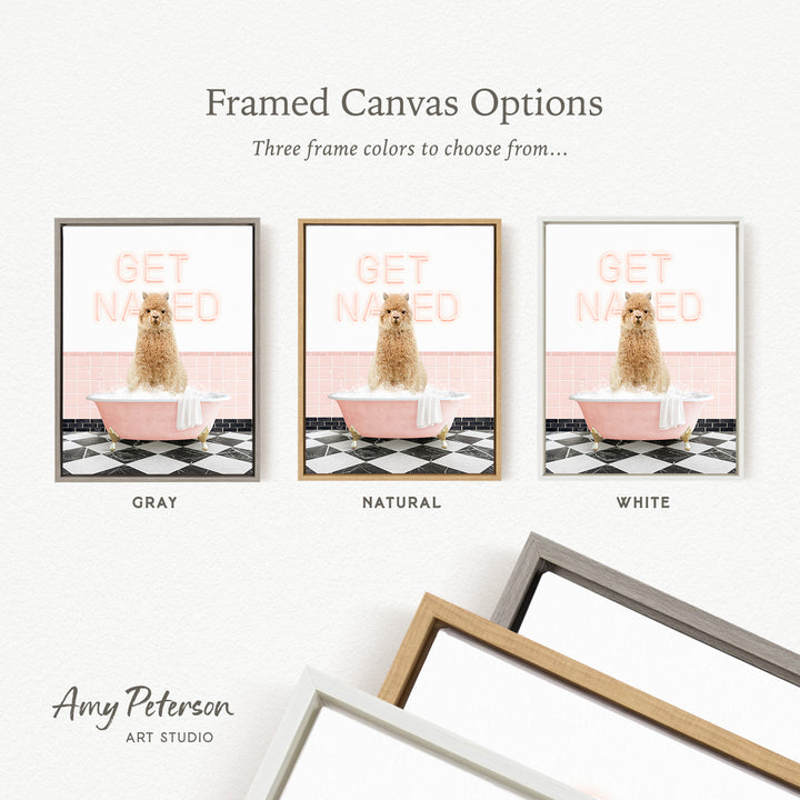 The image is a framed canvas option featuring three different colored frames with a picture of a cat sitting in a bathtub.