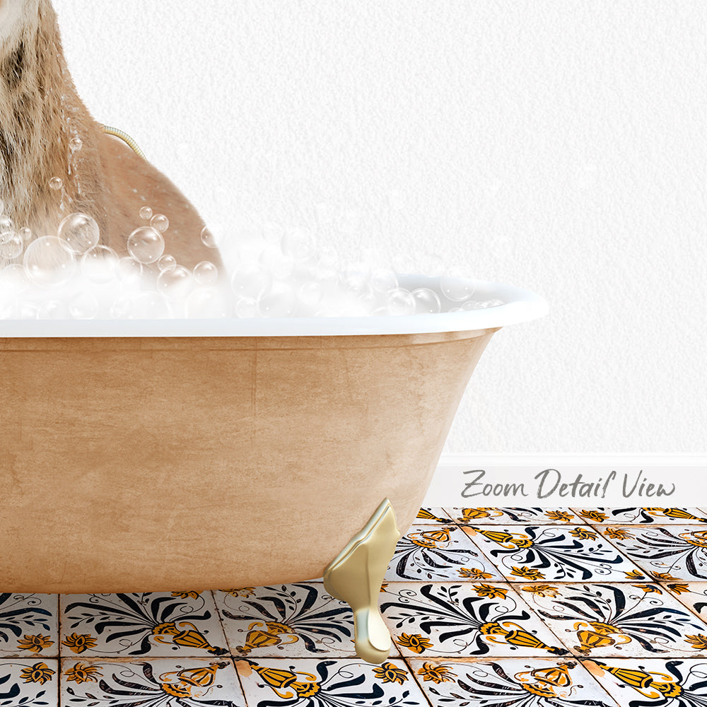 A bathtub filled with bubbles, with a cat sitting inside and enjoying the bath.