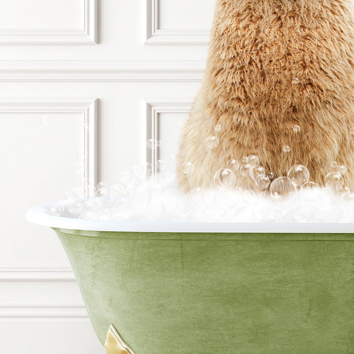 a bear sitting in a bathtub full of bubbles