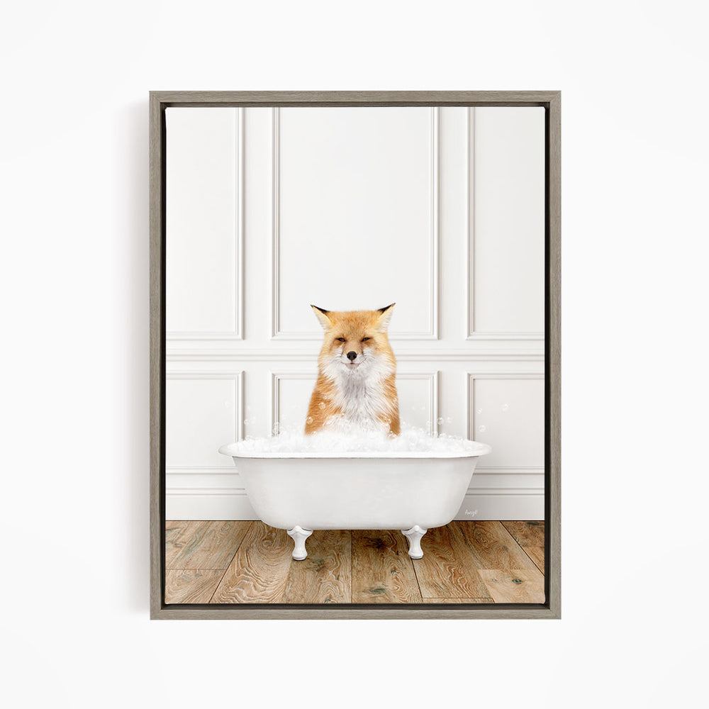 A red fox is sitting in a white bathtub filled with water, looking directly at the camera.