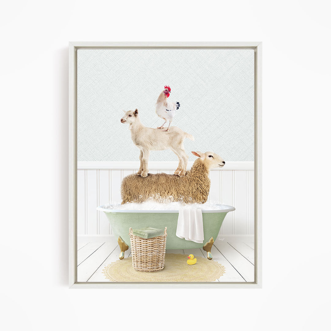 A framed image depicting a sheep standing on a chicken's back while a lamb sits on a bathtub, with a yellow rubber duck nearby.