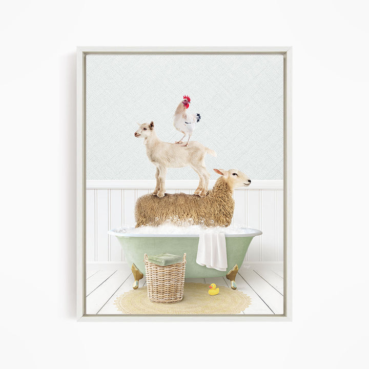 A framed image depicting a sheep standing on a chicken's back while a lamb sits on a bathtub, with a yellow rubber duck nearby.