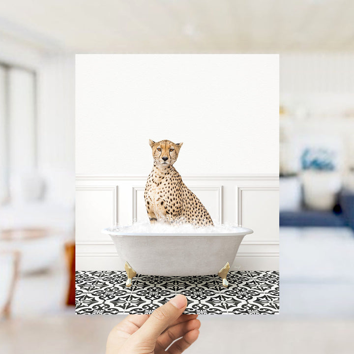 A cheetah sitting in a bathtub filled with water, surrounded by a patterned floor.