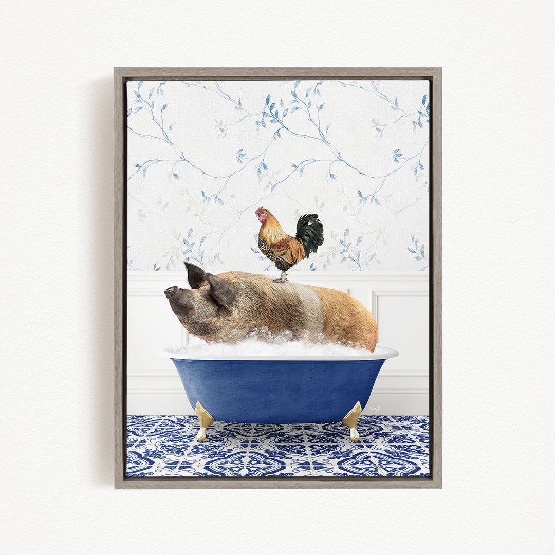 A pig is sitting in a blue bathtub, with a rooster perched on its head, against a backdrop of blue and white floral wallpaper.