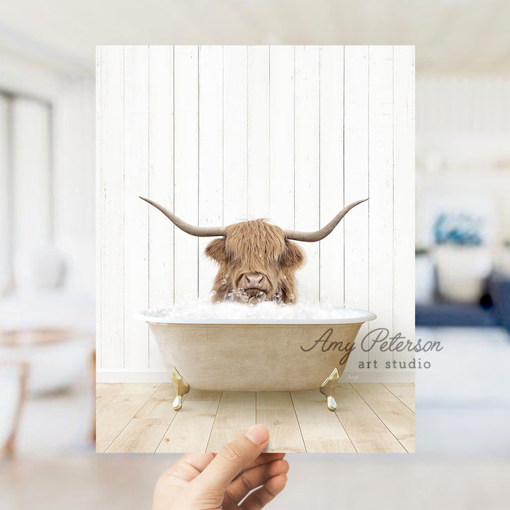 a photo of a bull in a bath tub