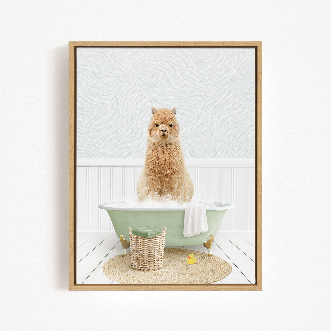 A fluffy brown dog is sitting in a green bathtub filled with bubbles, surrounded by a basket of toys and a yellow rubber duck.