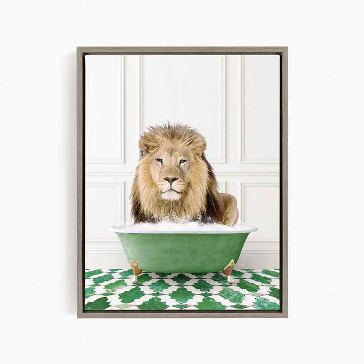 A lion sitting in a green bathtub filled with bubbles, looking directly at the camera.