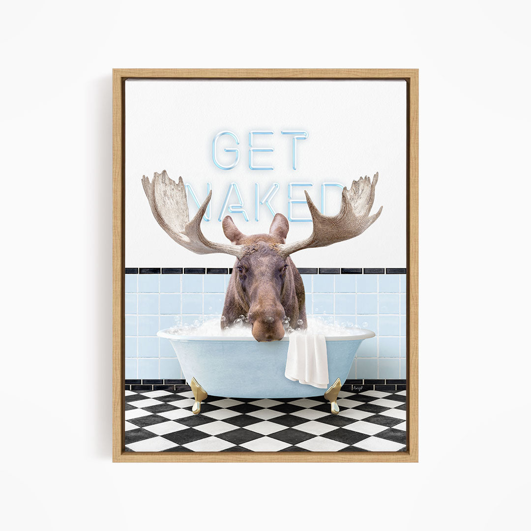 A moose is sitting in a bathtub with a towel, and the words "GET NAKED" are displayed above it.