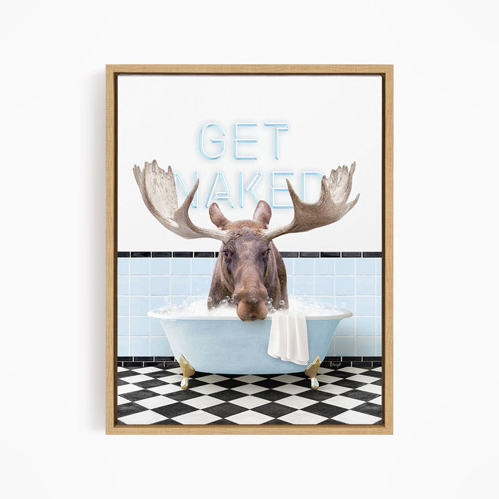 A moose is sitting in a bathtub with a towel, and the words "GET NAKED" are displayed above it.